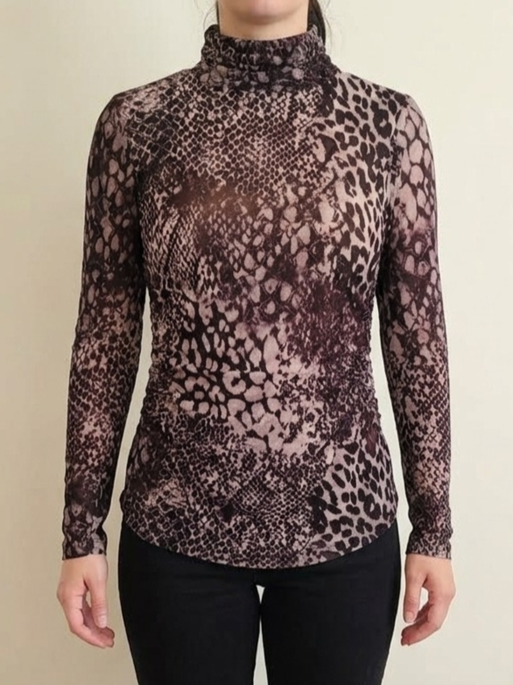 Cable & Gauge Ruched Mesh Mock Neck Top Medium Animal Snakeskin Print